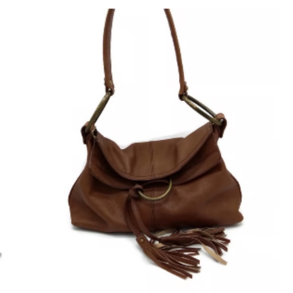 Alfani Pebbled Leather Chocolate Brown Brass Hardware Bohemian Hobo Rugged Bag